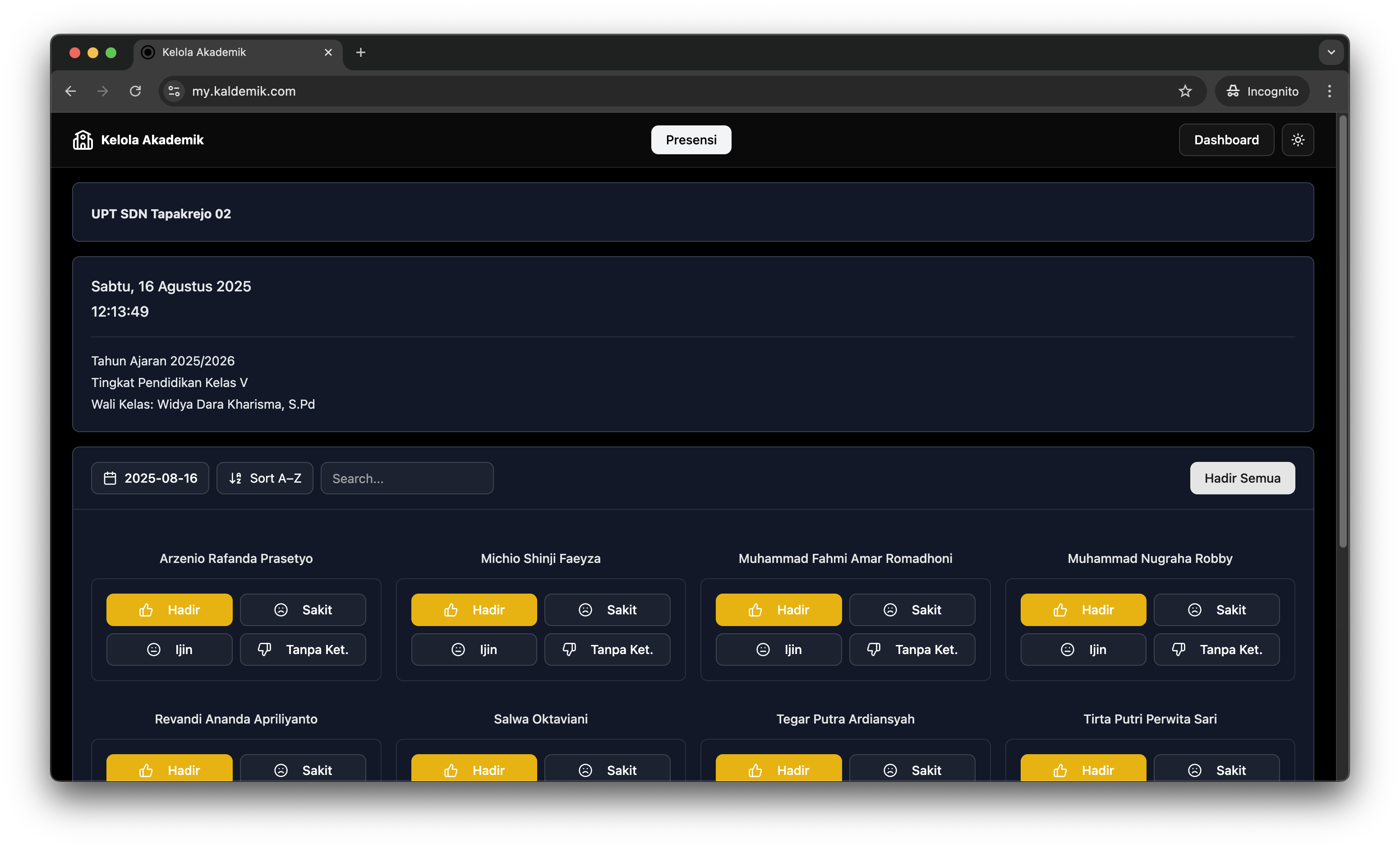 Dashboard Sistem Presensi Kelola Akademik - Interface lengkap untuk pencatatan kehadiran siswa