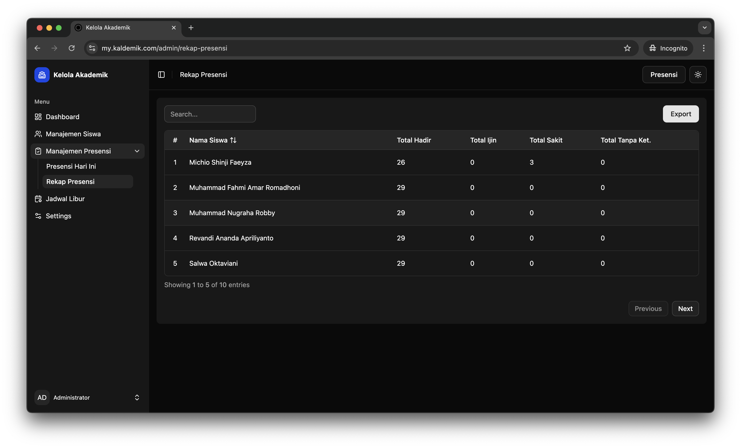 Rekap Presensi Kelola Akademik - Tabel laporan kehadiran siswa dengan data lengkap
